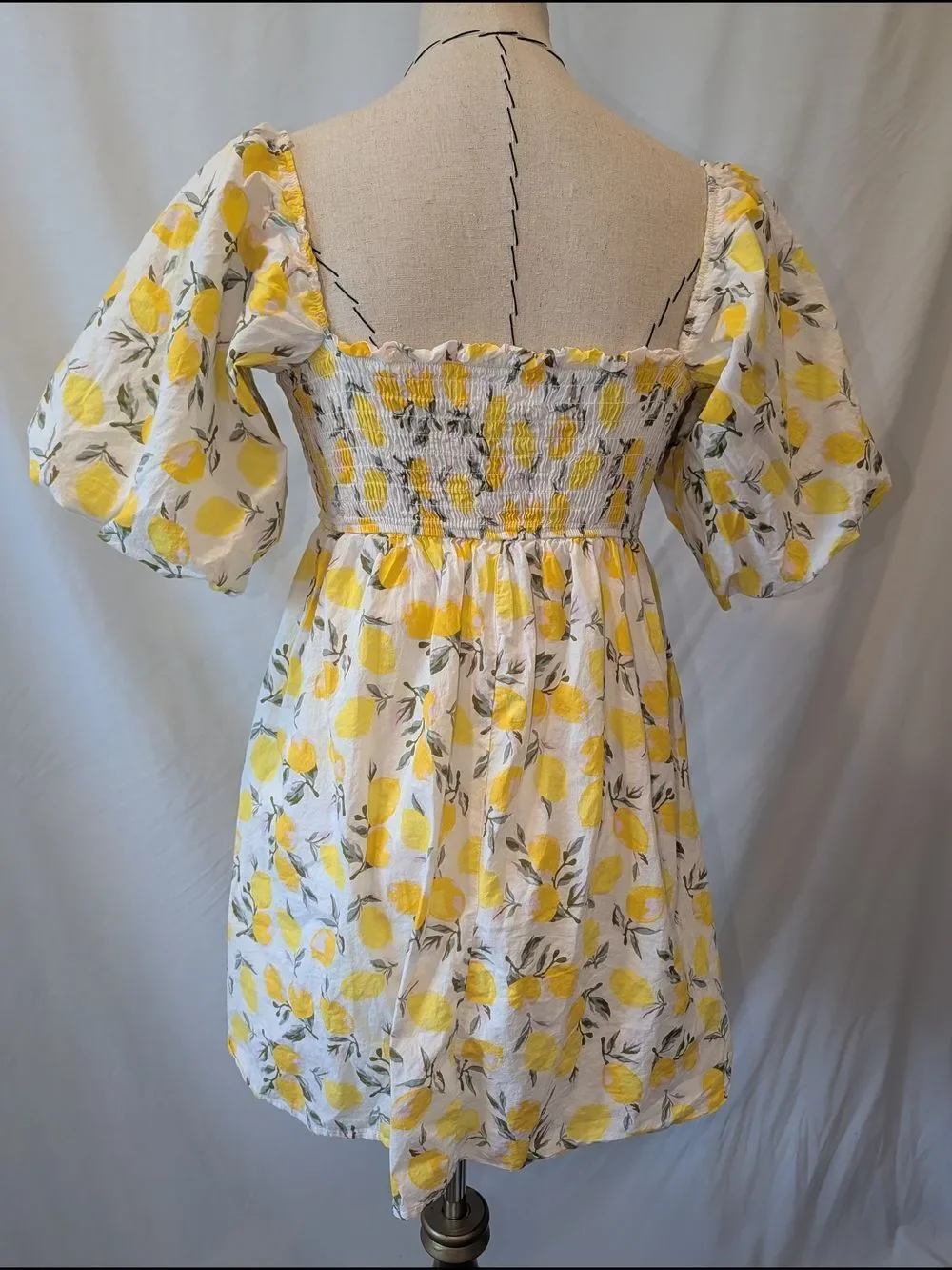 Trixxi Lemon Print BabyDoll‎ Dress Puff Sleeves Empire waist ruched Cotton